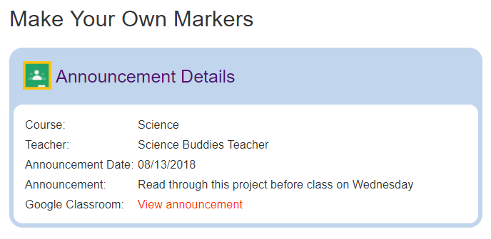 Cropped screenshot of details for an announcement posted in Google Classroom on ScienceBuddies.org