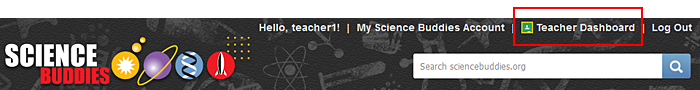Cropped screenshot of a Teacher Dashboard for Google Classroom linked at the top of page on ScienceBuddies.org