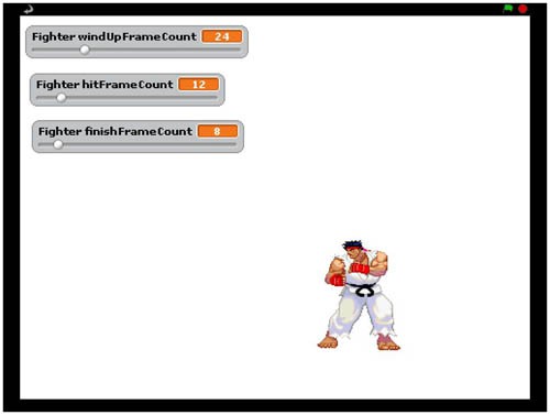 Screenshot of the program Scratch with adjustable frame counts for Ryu's windup, hit and finish animations