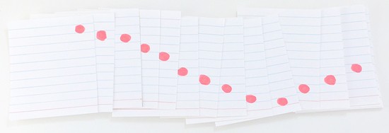 Stack of partially overlapping cards. One red dot is visible in each card. The dots are gradually drawn lower until it is near the bottom of the card, then, it is gradually rising again. 