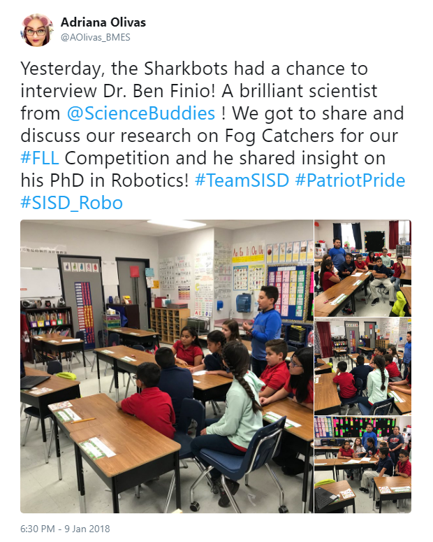 Screenshot of a tweet regarding Dr. Ben Finio, a senior staff scientist at Science Buddies, talking with a class of students
