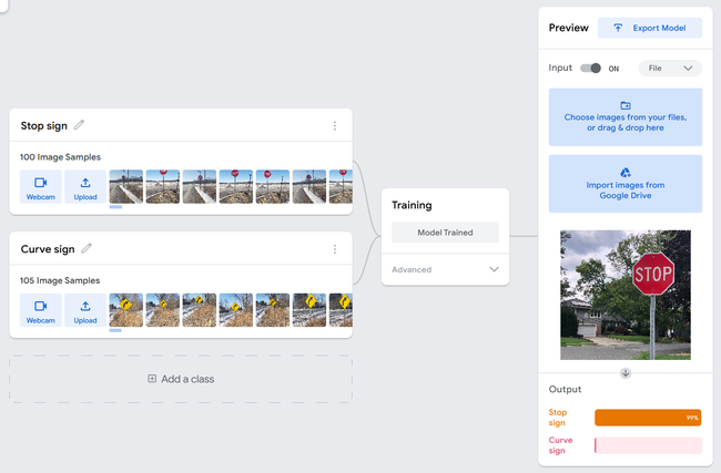 teachable machine screen shot learning stop signs 