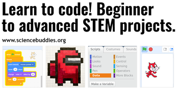 Scratch code, a pixel drawing of a character on graph paper, and a computer sprite for Scratch to represent this collection of activities and lessons about computer programming and coding