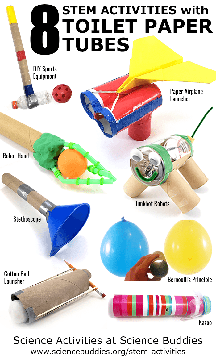 Photo collage of eight STEM activities that use cardboard tubes like toilet paper or power towel rolls