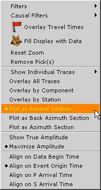 Screenshot of the Global Earthquake Explorer display tab drop-down menu