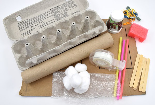 Egg carton, cardboard tube, cotton balls, tape, straws, paper cups, rubber bands, a sponge, popsicle sticks and plastic wrap