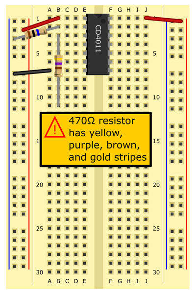 470 Omega; resistor (yellow, purple, brown, gold stripes) from B3 to B11.  