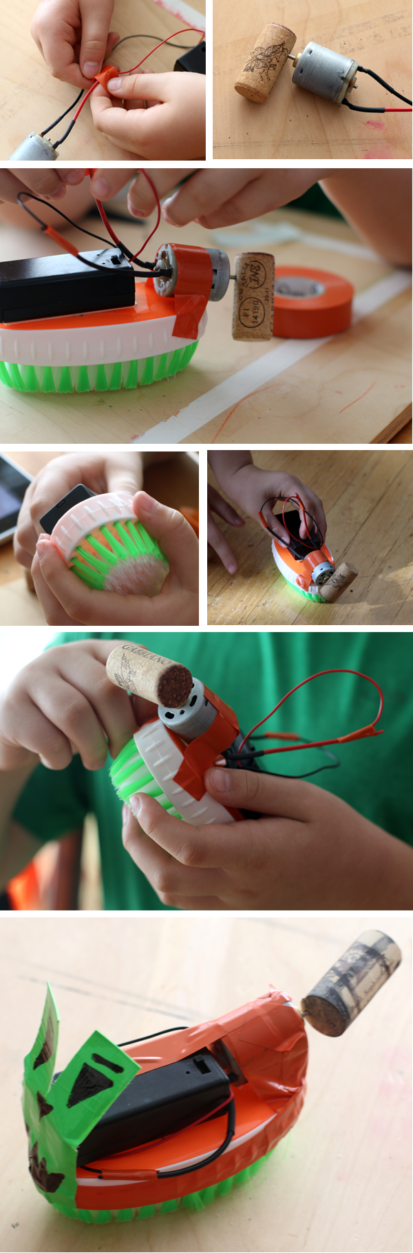 Seven photos show the assembly of a bristle bot that is decorated with a Halloween theme