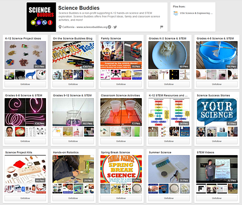 Some of the many Science Buddies boards at Pinterest
