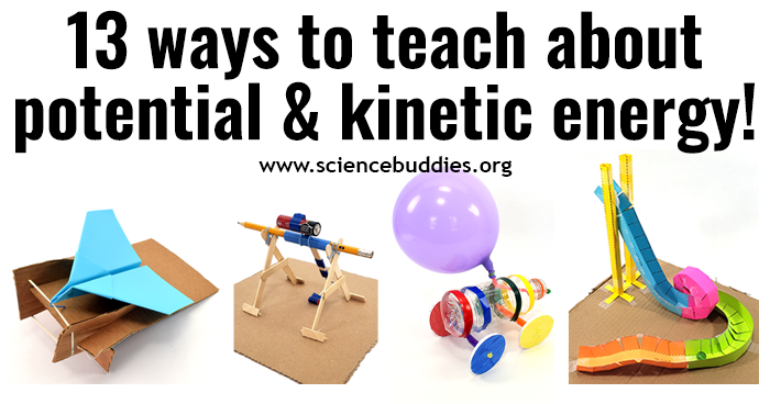 13 STEM lessons and activities, including paper airplane launcher, paper roller coaster, balloon car, and mini trebuchet to represent collection of activities and lessons about potential and kinetic energy