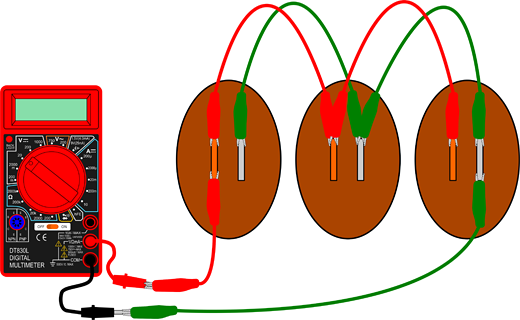 Drawing of Three potatoes each with zinc and copper electrodes are wired in parallel with a multimeter