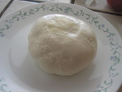 A ball of mozzarella cheese on a plate