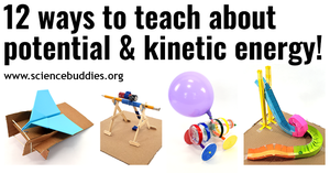 Paper airplane launcher, paper roller coaster, balloon car, and mini trebuchet to represent collection of activities and lessons about potential and kinetic energy