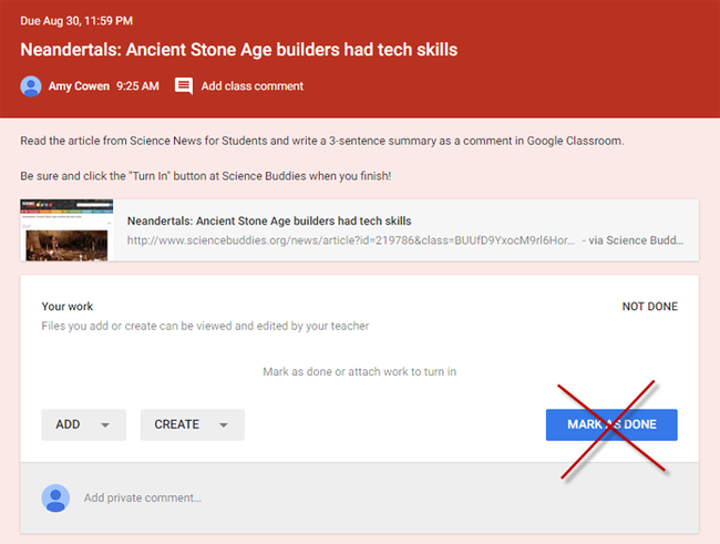 A cropped screenshot of a link in a Google Classroom assignment shows a mark as done button crossed out with a red X