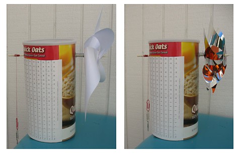 Photos of a paper and store-bought pinwheel mounted horizontally on a can of oats