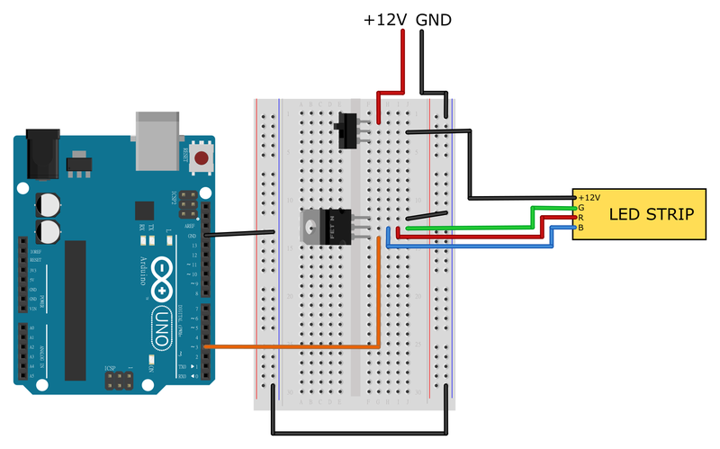 Breadboard diagram for controlling the LED strip with an Arduino 