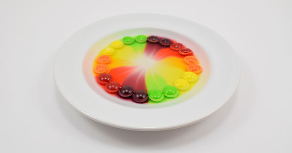 Colorful candies in a dish with the color from the shells diffusing to create a pattern