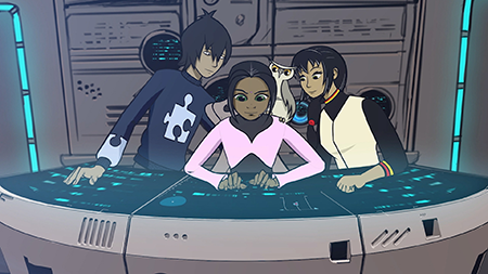Three animated characters in a control room from the webseries Global Problem Solvers: The Series made by Cisco