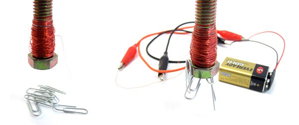 Photo of an electromagnet above paperclips next to a photo of paperclips stuck to an electromagnet