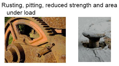 Photo of a large rusted gear next to a photo of a rusted nail head protruding from a piece of wood