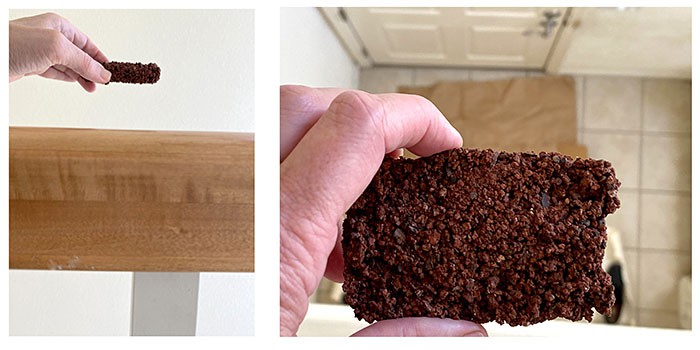  Set of two pictures showing a side view and a top-down view of a brick ready to be dropped for the crash test.   