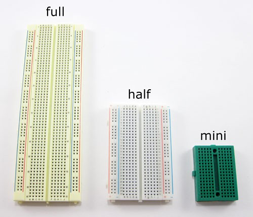 A full, half and mini breadboard placed side-by-side