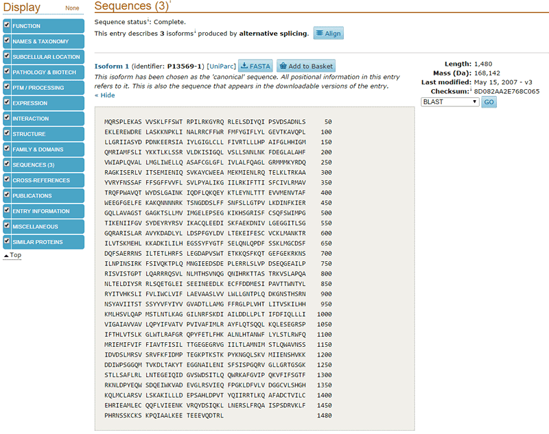 Screenshot of the amino acid sequence for the CFTR gene displayed on the website uniprot.org