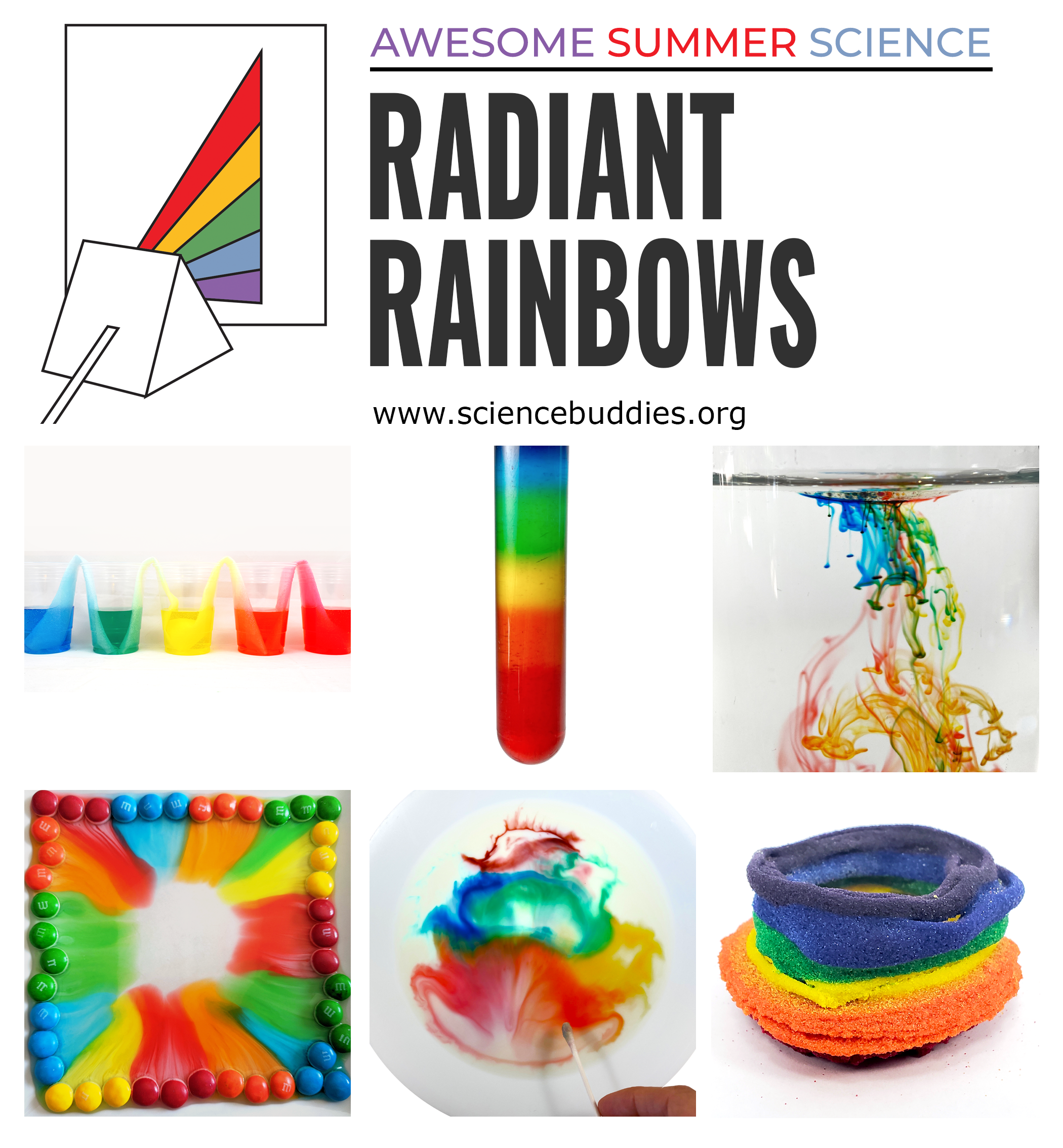 Walking water, underwater color bursts, milk magic rainbow, 3D printing with glue and sand in rainbow colors, and rainbow candy diffusion patterns - Week 7 Radiant Rainbow Science - part of Awesome Summer Science Experiments series