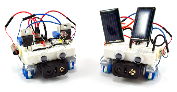 Two advanced bristlebot robots, one that follows a beam of light and one that can use solar power