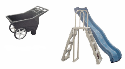 A plastic wheelbarrow, step-ladder and slide pictured side-by-side