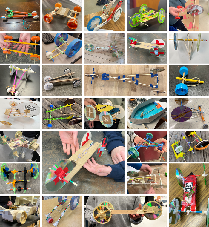 Examples of designs entered in the Rubber Band Car Challenge 