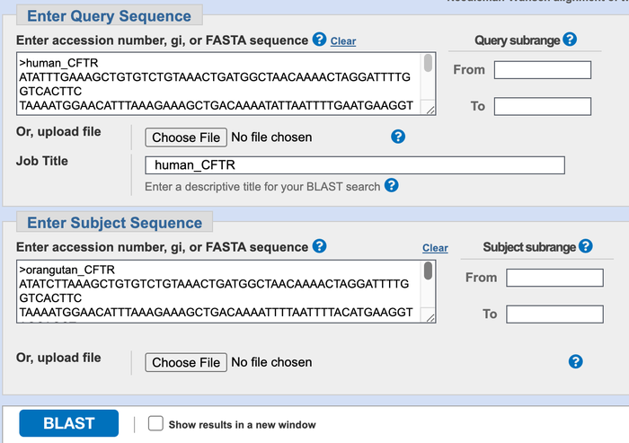 Screenshot of the search page for a two sequence alignment on the ncbi.nlm.nih.gov website. On the BLAST alignment page there are two boxes where users can fill in their query and subject sequences.