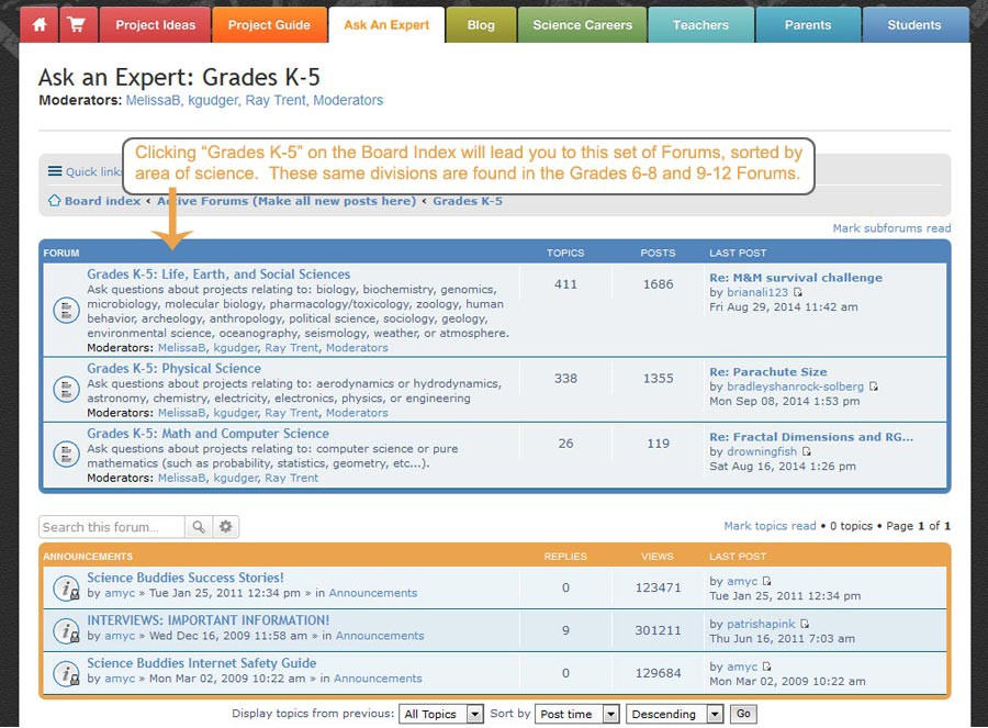 Screenshot of the Ask an Expert Grades K-5 forum on the website ScienceBuddies.org