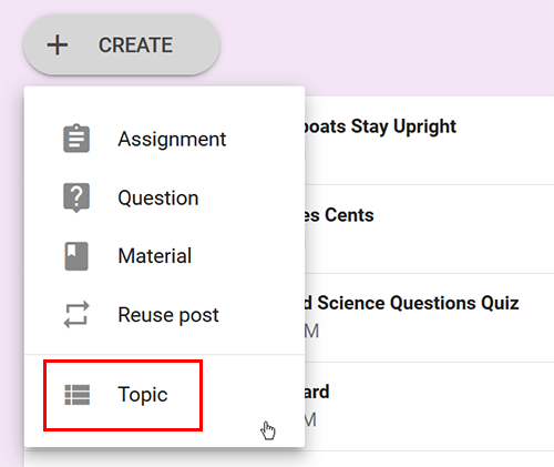 Cropped screenshot of a topic being created in Google Classroom