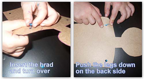Connecting the paper doll arms to the core using brads