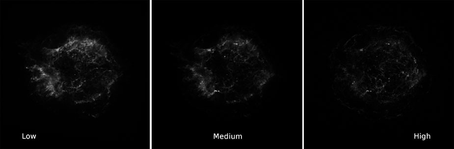 Three x-ray photos of a supernova at low, medium and high energy bands appear black and white