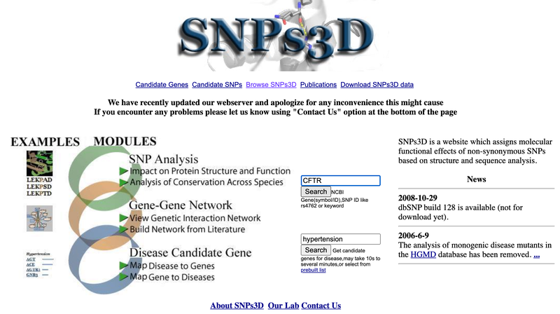 Screenshot of the homepage on the website snps3d.org