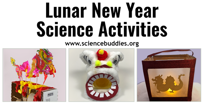 Images of a Chinese lion vortex air cannon from a plastic container, a homemade lantern, and a dragon cardboard automata to represent collection of STEM activities and lessons for Lunar New Year