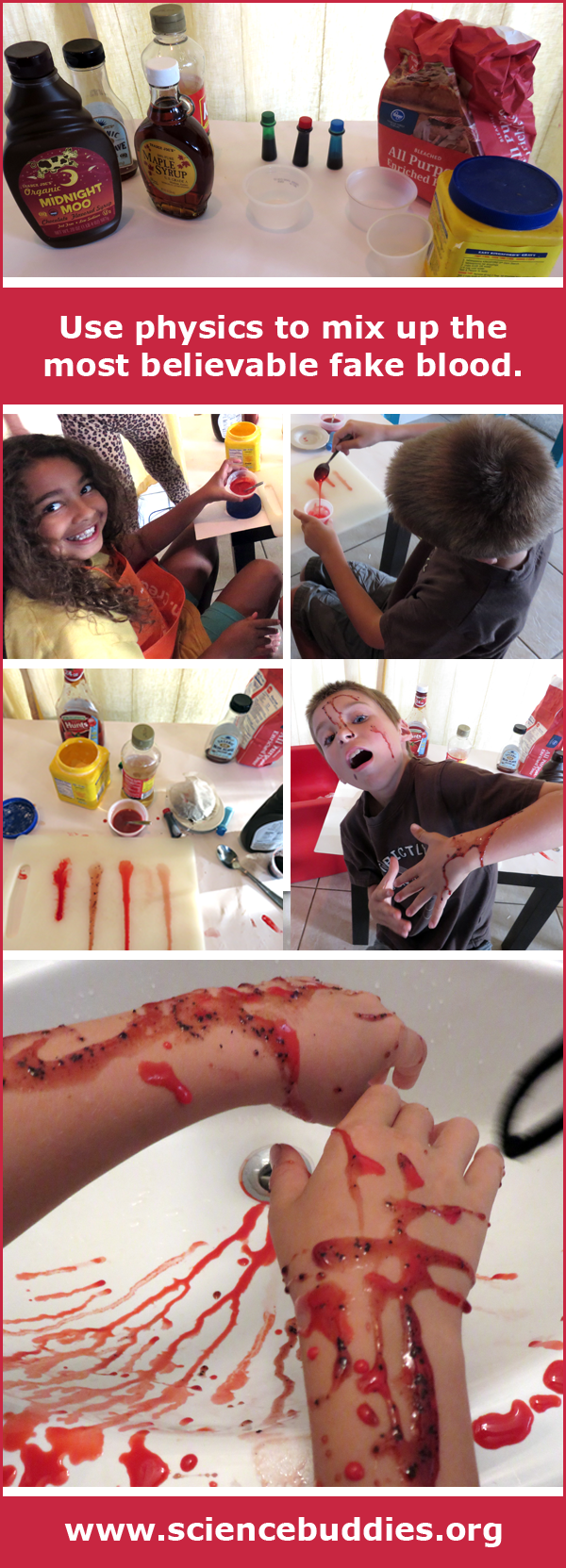 Photo collage of children mixing together fake blood from various syrups and food coloring