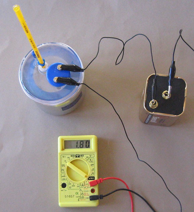 Image of a calorimeter connected to a 6 volt battery and a multimeter