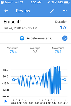 Screenshot of a recording review for an accelerometer X sensor card in the Google Science Journal app