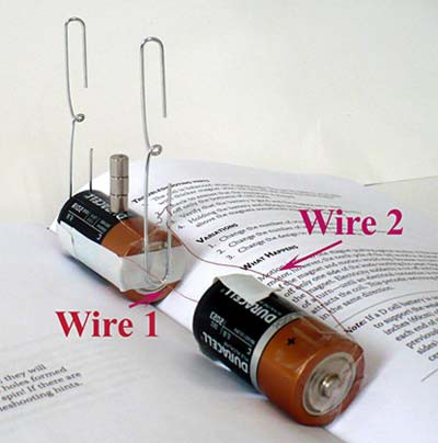 A C cell battery is wired in series to a homemade electric motor
