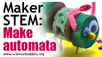 Makerspace STEM: an automaton caterpillar made from cardboard and craft materials