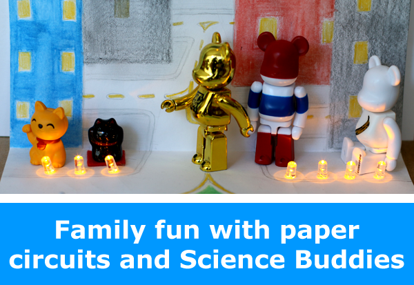 Paper circuits family science project - electronics activity with copper tape to make a creative light-up scene