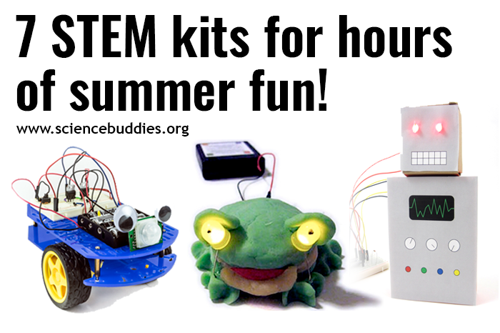 Images of bluebot robot, electric play dough frog sculpture, and digital toy made with Raspberry Pi and Scratch, 3 of 10 kits highlighted for summer science experiments