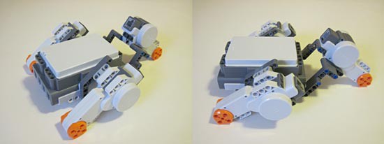 Two photos of three Lego motors mounted on an upside down NXT brick