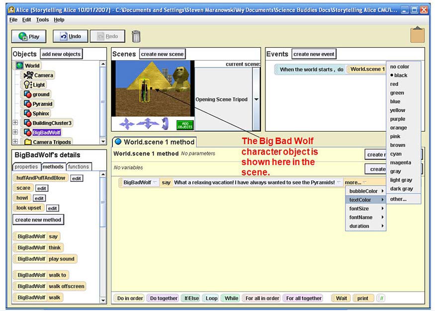 A big bad wolf character is added to the scene window in the Storytelling Alice program