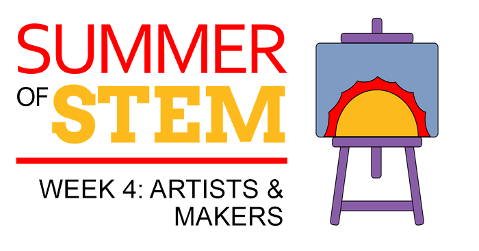 Image of an easel with a colorful piece of art on it to represent Week 4 of Summer of STEM virtual summer camp with an Artists and Makers theme