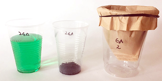 Three containers with different substances for filtering water