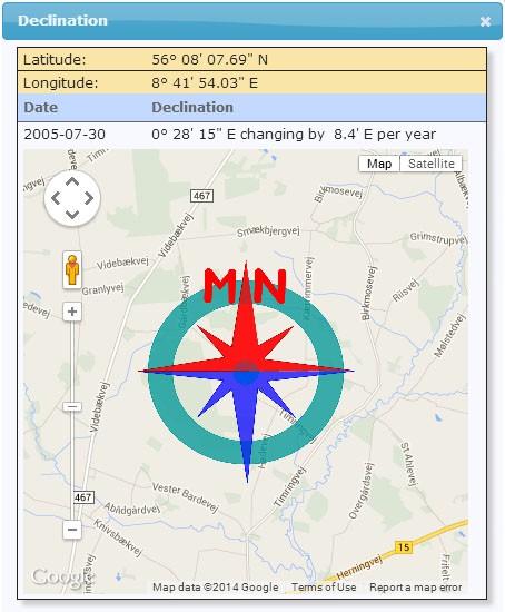 An output of the declination calculator